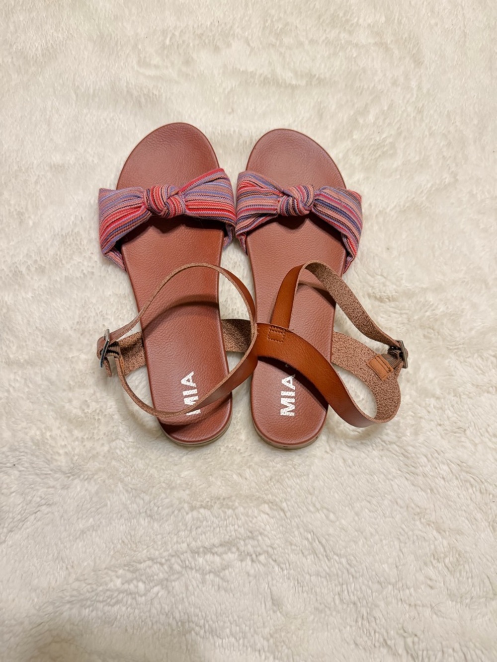 MIA Coral Pink Striped Bow Ankle-Strap Sandals